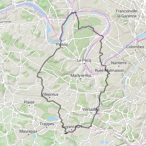 Map miniature of "The Road Adventure: Voisins-le-Bretonneux to Château du Haut-Buc" cycling inspiration in Ile-de-France, France. Generated by Tarmacs.app cycling route planner