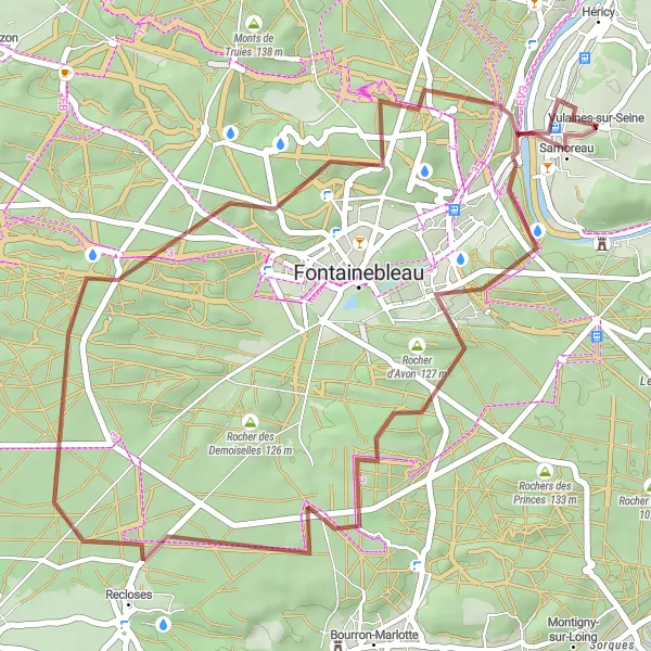 Miniature de la carte de l'inspiration cycliste "Parcours gravier à travers Samoreau et Tour Denecourt" dans la Ile-de-France, France. Générée par le planificateur d'itinéraire cycliste Tarmacs.app