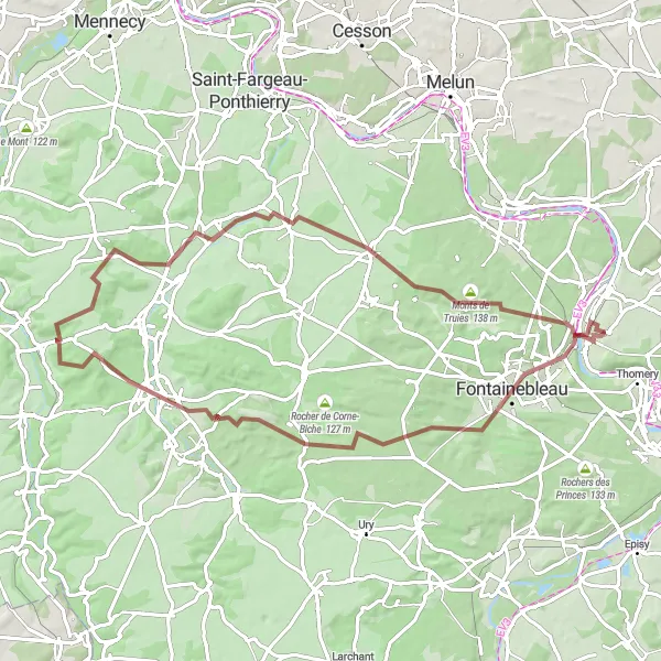 Map miniature of "Gravel Adventure through Fontainebleau Forest" cycling inspiration in Ile-de-France, France. Generated by Tarmacs.app cycling route planner