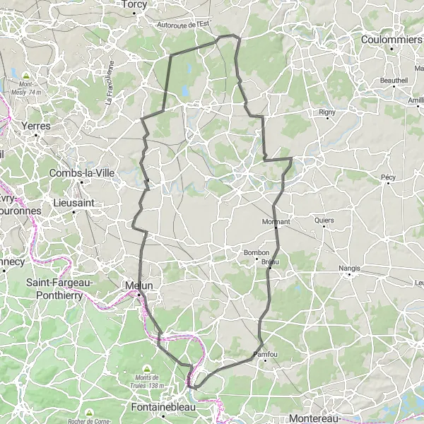 Miniature de la carte de l'inspiration cycliste "Tour panoramique de 117 km de Melun à Bréau" dans la Ile-de-France, France. Générée par le planificateur d'itinéraire cycliste Tarmacs.app