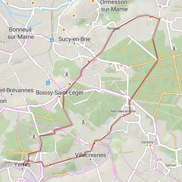 Map miniature of "Yerres to Mont Griffon (Gravel)" cycling inspiration in Ile-de-France, France. Generated by Tarmacs.app cycling route planner