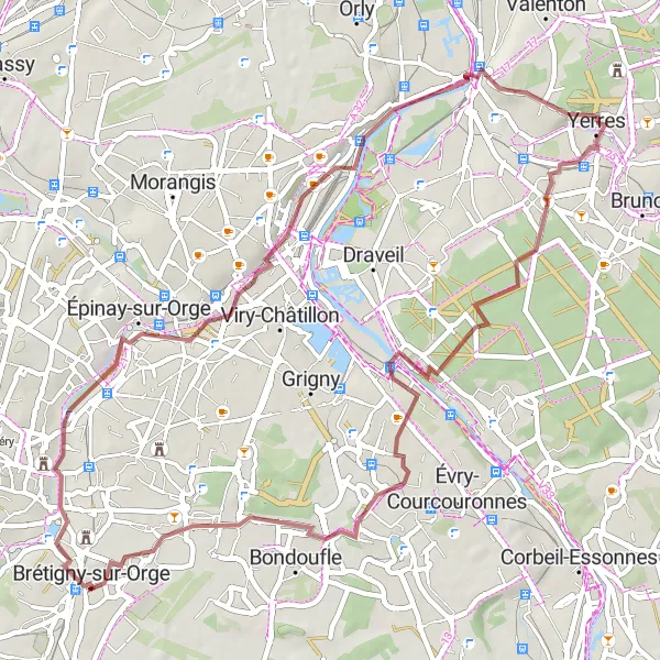 Map miniature of "Yerres to Mont Griffon (Gravel) via Ponton d'observation de la faune" cycling inspiration in Ile-de-France, France. Generated by Tarmacs.app cycling route planner