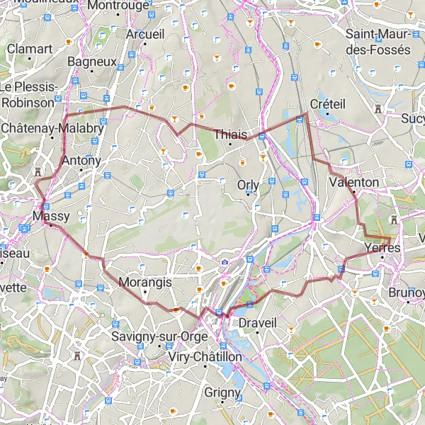 Map miniature of "The Gravel Adventure through Yerres" cycling inspiration in Ile-de-France, France. Generated by Tarmacs.app cycling route planner