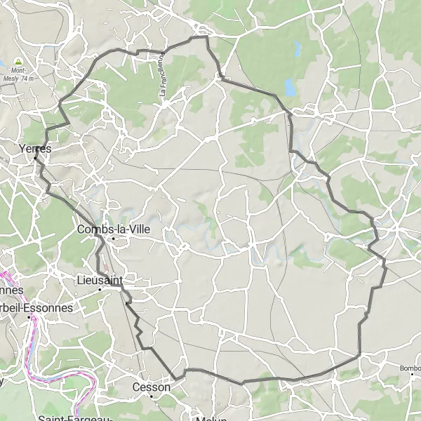 Map miniature of "Yerres to Château de Guillaume Budé via Mont Griffon" cycling inspiration in Ile-de-France, France. Generated by Tarmacs.app cycling route planner