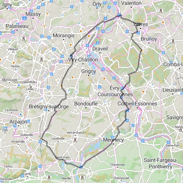 Map miniature of "Scenic Road Tour: Yerres to Mont Griffon" cycling inspiration in Ile-de-France, France. Generated by Tarmacs.app cycling route planner