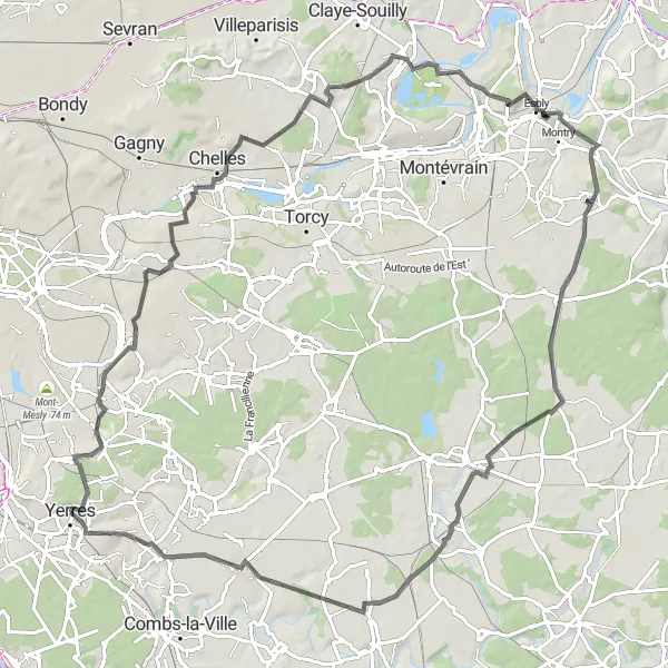 Miniature de la carte de l'inspiration cycliste "Parcours Route Terrasse de Chennevières" dans la Ile-de-France, France. Générée par le planificateur d'itinéraire cycliste Tarmacs.app