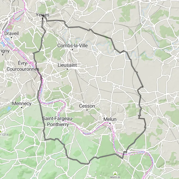 Map miniature of "Picturesque Road Cycling: Yerres to Obélisque" cycling inspiration in Ile-de-France, France. Generated by Tarmacs.app cycling route planner