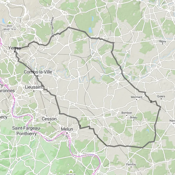 Map miniature of "Epic Road Cycling Tour: Yerres to Brunoy" cycling inspiration in Ile-de-France, France. Generated by Tarmacs.app cycling route planner