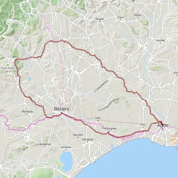 Map miniature of "Agde - Béziers Gravel Adventure" cycling inspiration in Languedoc-Roussillon, France. Generated by Tarmacs.app cycling route planner