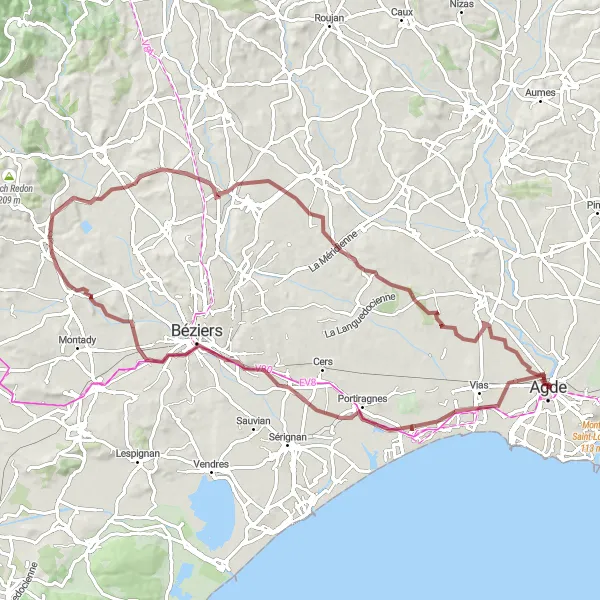Map miniature of "Portiragnes and Cazouls-lès-Béziers Gravel Adventure" cycling inspiration in Languedoc-Roussillon, France. Generated by Tarmacs.app cycling route planner