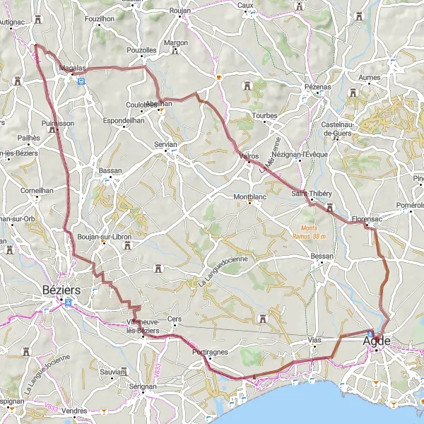 Map miniature of "Agde - Puimisson Gravel Adventure" cycling inspiration in Languedoc-Roussillon, France. Generated by Tarmacs.app cycling route planner