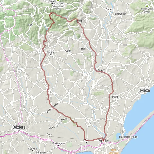 Map miniature of "The Gravel Adventure" cycling inspiration in Languedoc-Roussillon, France. Generated by Tarmacs.app cycling route planner