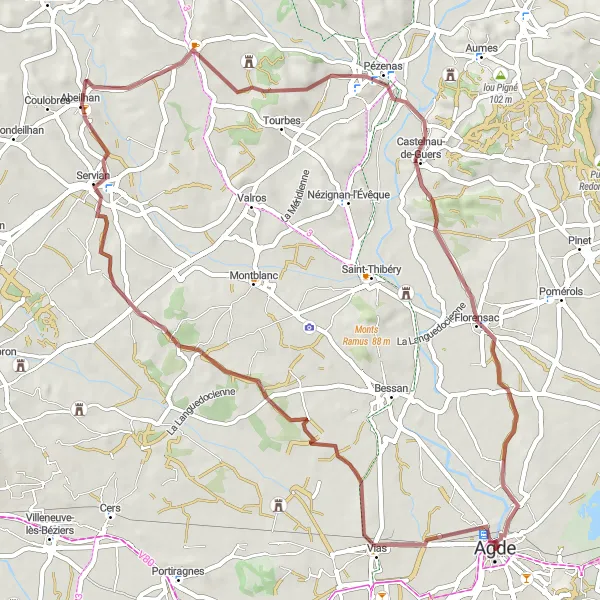 Map miniature of "Vias and Alignan-du-Vent Gravel Route" cycling inspiration in Languedoc-Roussillon, France. Generated by Tarmacs.app cycling route planner