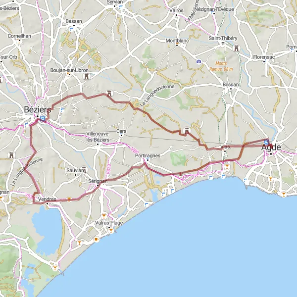 Map miniature of "The Coastal Discovery" cycling inspiration in Languedoc-Roussillon, France. Generated by Tarmacs.app cycling route planner