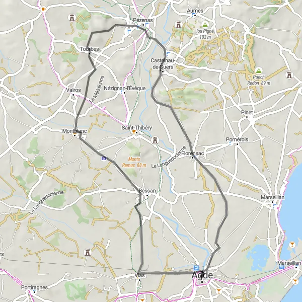 Map miniature of "Agde - Vias Loop" cycling inspiration in Languedoc-Roussillon, France. Generated by Tarmacs.app cycling route planner