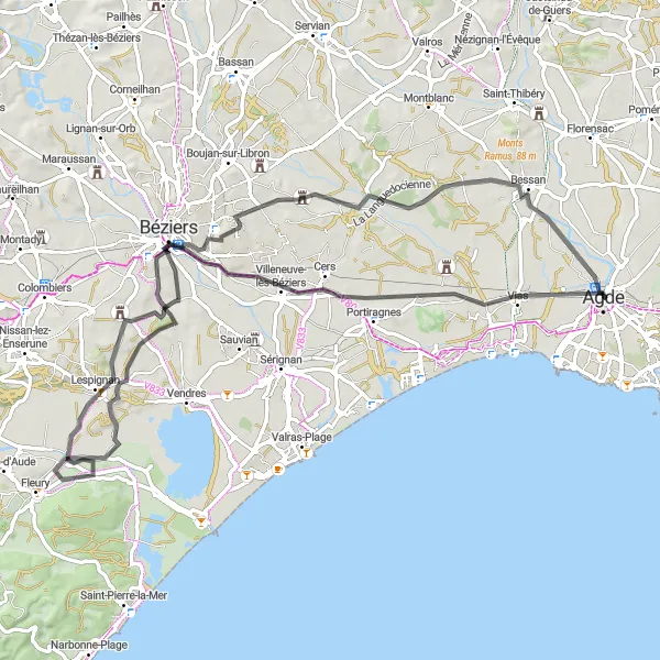 Map miniature of "Bessan and Béziers Coastal Ride" cycling inspiration in Languedoc-Roussillon, France. Generated by Tarmacs.app cycling route planner