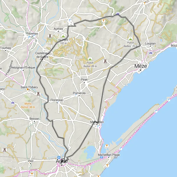 Miniature de la carte de l'inspiration cycliste "Parcours Historique de l'Hérault" dans la Languedoc-Roussillon, France. Générée par le planificateur d'itinéraire cycliste Tarmacs.app