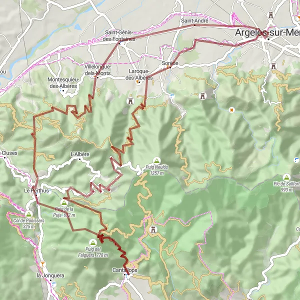 Miniature de la carte de l'inspiration cycliste "Circuit du Coll de l'Ullat et de la Puig de la Puja" dans la Languedoc-Roussillon, France. Générée par le planificateur d'itinéraire cycliste Tarmacs.app