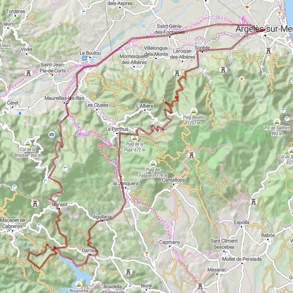 Miniature de la carte de l'inspiration cycliste "Boucle à travers les Albères et le Perthus" dans la Languedoc-Roussillon, France. Générée par le planificateur d'itinéraire cycliste Tarmacs.app