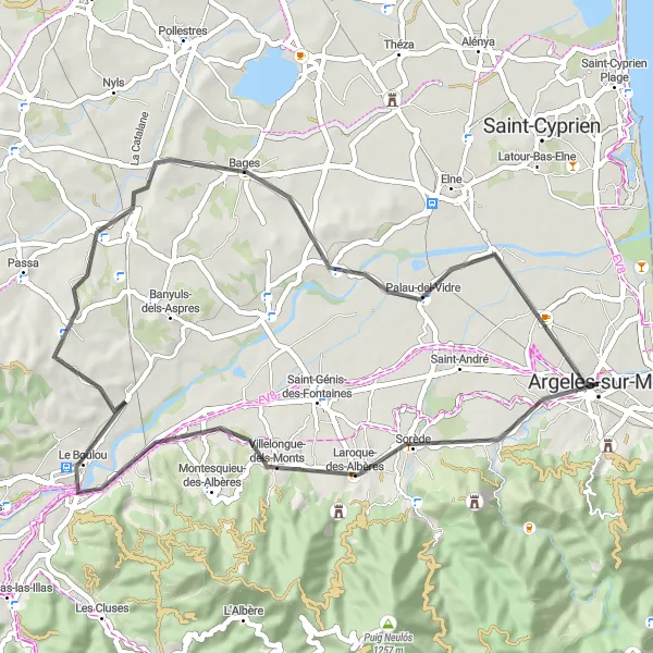 Miniature de la carte de l'inspiration cycliste "Tour du Vallespir" dans la Languedoc-Roussillon, France. Générée par le planificateur d'itinéraire cycliste Tarmacs.app