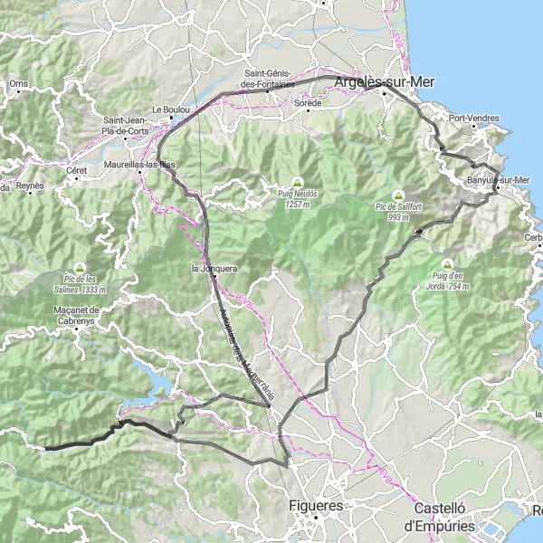 Miniature de la carte de l'inspiration cycliste "Escapade Pyrénéenne" dans la Languedoc-Roussillon, France. Générée par le planificateur d'itinéraire cycliste Tarmacs.app