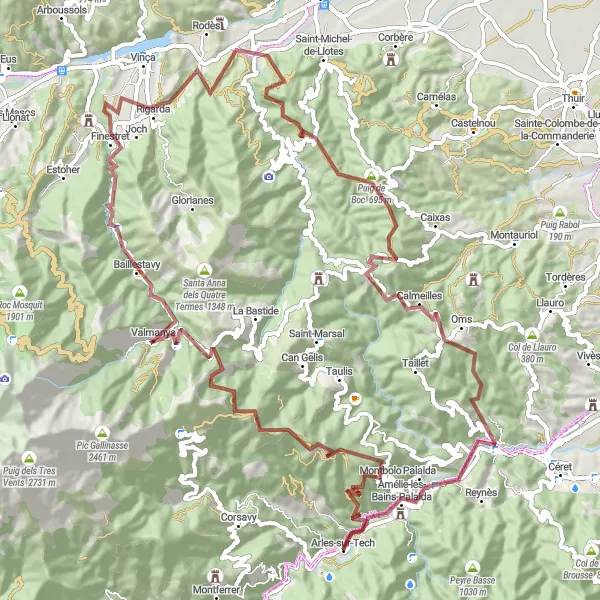 Miniature de la carte de l'inspiration cycliste "Parcours Gravel Montagne Unique autour d'Arles" dans la Languedoc-Roussillon, France. Générée par le planificateur d'itinéraire cycliste Tarmacs.app