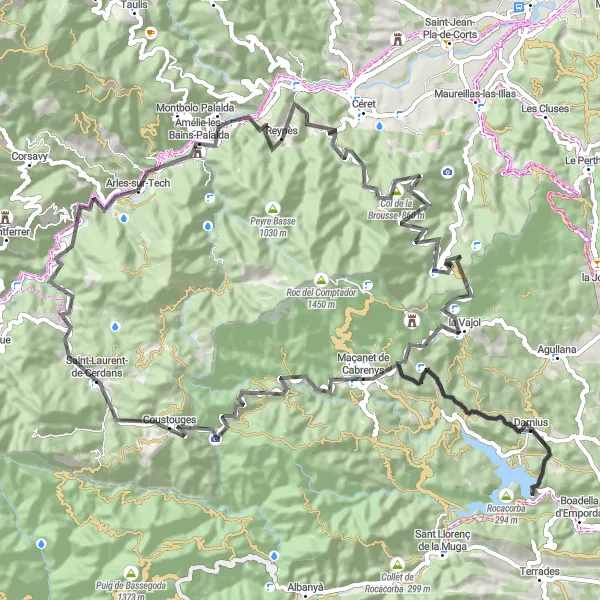Map miniature of "Reynès and la Vajol Loop" cycling inspiration in Languedoc-Roussillon, France. Generated by Tarmacs.app cycling route planner