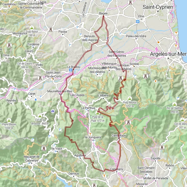 Miniature de la carte de l'inspiration cycliste "Aventure montagneuse au départ de Bages" dans la Languedoc-Roussillon, France. Générée par le planificateur d'itinéraire cycliste Tarmacs.app