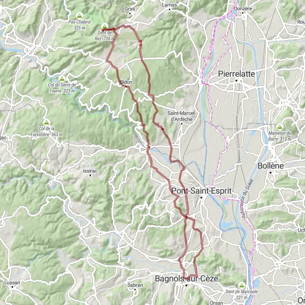 Miniature de la carte de l'inspiration cycliste "Ardèche Méridionale" dans la Languedoc-Roussillon, France. Générée par le planificateur d'itinéraire cycliste Tarmacs.app