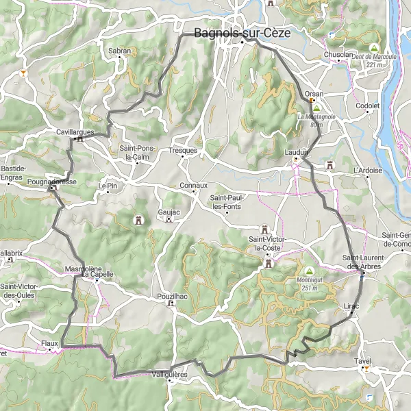 Miniature de la carte de l'inspiration cycliste "Tour de Lirac" dans la Languedoc-Roussillon, France. Générée par le planificateur d'itinéraire cycliste Tarmacs.app
