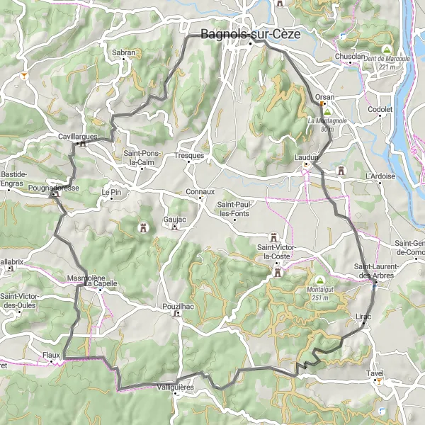 Map miniature of "The Orsan Loop" cycling inspiration in Languedoc-Roussillon, France. Generated by Tarmacs.app cycling route planner