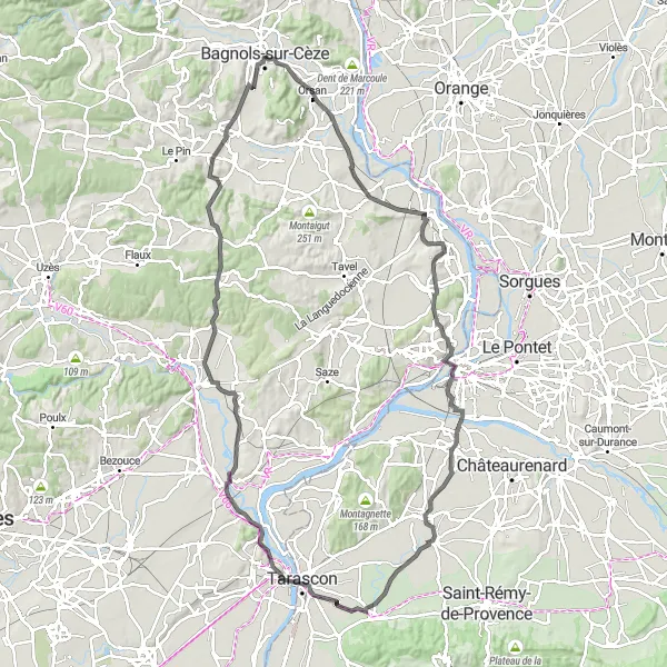 Map miniature of "Avignon and Beyond" cycling inspiration in Languedoc-Roussillon, France. Generated by Tarmacs.app cycling route planner