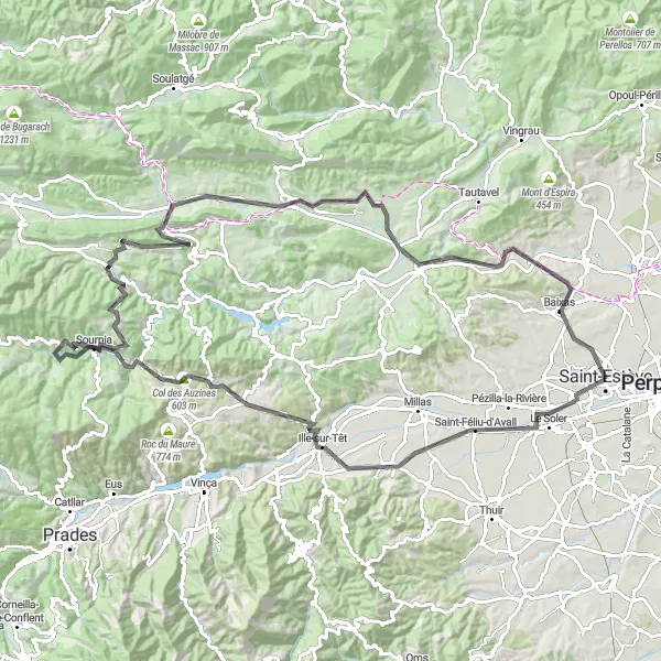 Map miniature of "Mountains and Valleys" cycling inspiration in Languedoc-Roussillon, France. Generated by Tarmacs.app cycling route planner