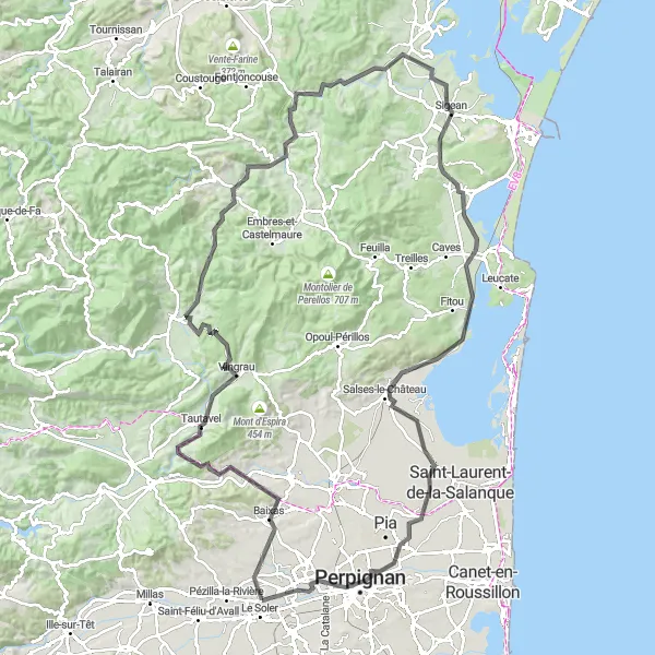 Map miniature of "Corbières Exploration" cycling inspiration in Languedoc-Roussillon, France. Generated by Tarmacs.app cycling route planner