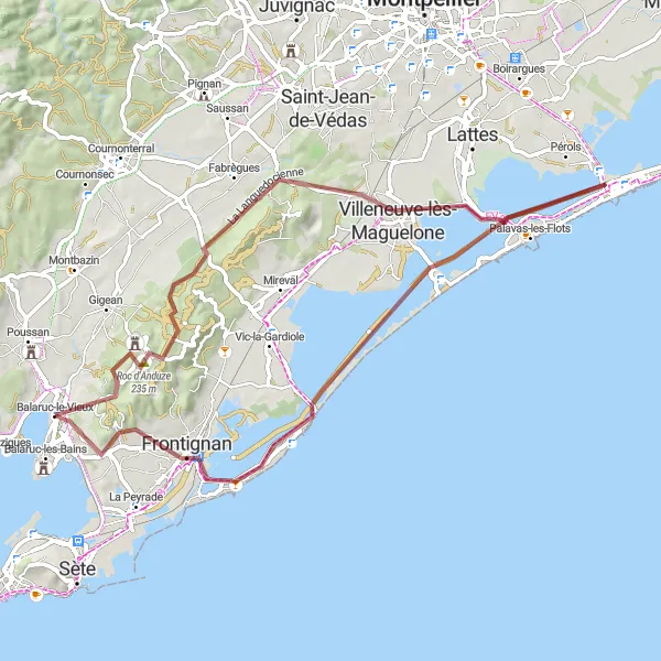 Map miniature of "Scenic Gravel Route with Coastal Views" cycling inspiration in Languedoc-Roussillon, France. Generated by Tarmacs.app cycling route planner