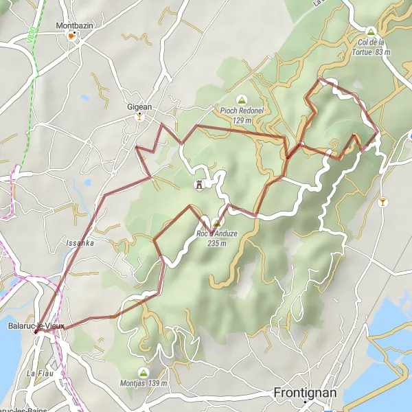 Map miniature of "Gigean Discovery (Gravel)" cycling inspiration in Languedoc-Roussillon, France. Generated by Tarmacs.app cycling route planner