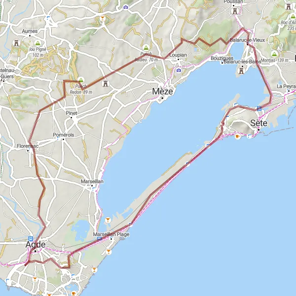 Miniature de la carte de l'inspiration cycliste "Parcours Gravel entre Florensac et Loupian" dans la Languedoc-Roussillon, France. Générée par le planificateur d'itinéraire cycliste Tarmacs.app