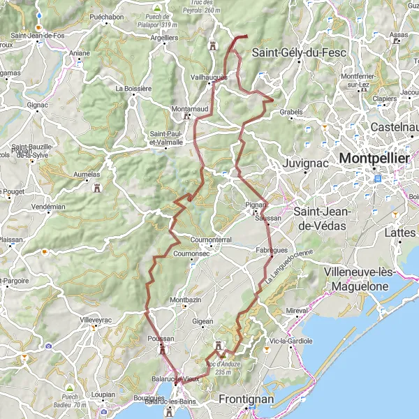 Miniature de la carte de l'inspiration cycliste "Aventure Gravel vers Roc d'Anduze en Languedoc-Roussillon" dans la Languedoc-Roussillon, France. Générée par le planificateur d'itinéraire cycliste Tarmacs.app