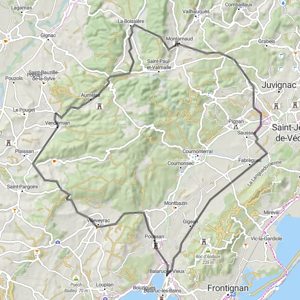Miniature de la carte de l'inspiration cycliste "Parcours Cycliste vers Montarnaud" dans la Languedoc-Roussillon, France. Générée par le planificateur d'itinéraire cycliste Tarmacs.app