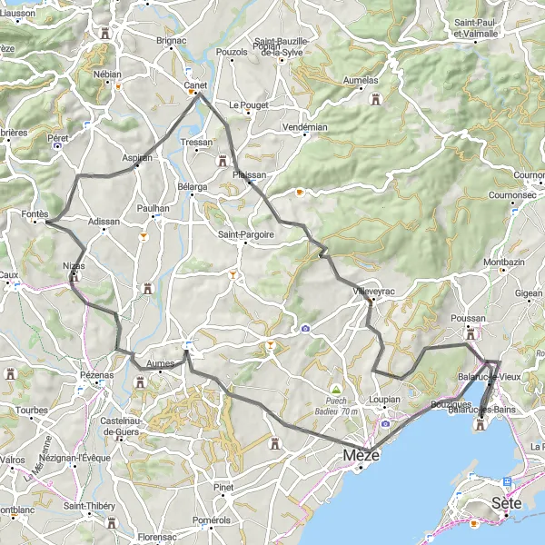 Miniature de la carte de l'inspiration cycliste "Le Tour de Fontès en Languedoc-Roussillon" dans la Languedoc-Roussillon, France. Générée par le planificateur d'itinéraire cycliste Tarmacs.app