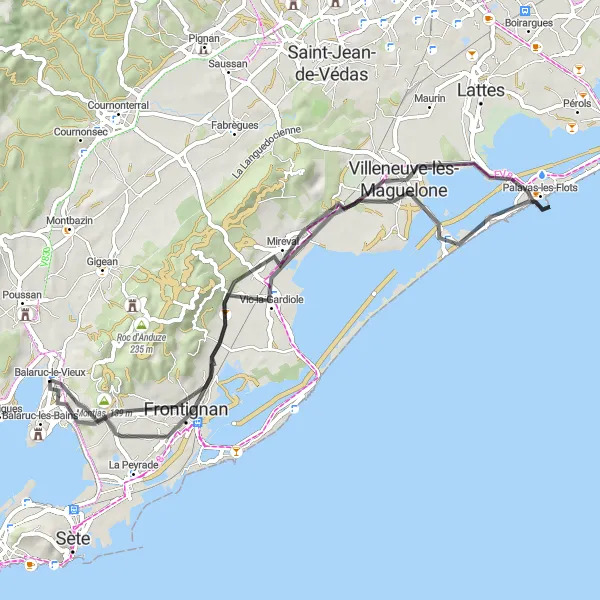 Miniature de la carte de l'inspiration cycliste "Balade Road vers Mireval en Languedoc-Roussillon" dans la Languedoc-Roussillon, France. Générée par le planificateur d'itinéraire cycliste Tarmacs.app