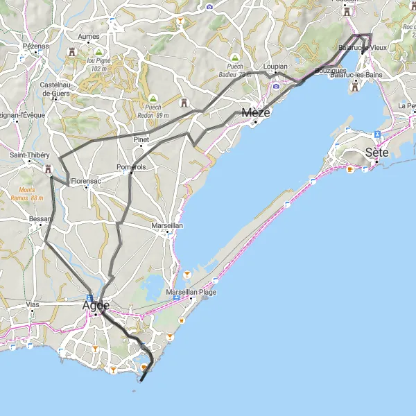 Map miniature of "Coastal Cycling Adventure on Road" cycling inspiration in Languedoc-Roussillon, France. Generated by Tarmacs.app cycling route planner