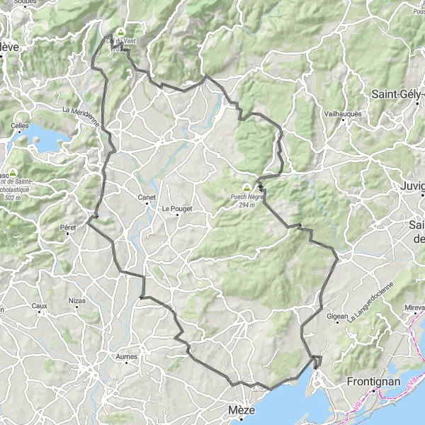 Miniature de la carte de l'inspiration cycliste "Parcours Routier vers Clermont-l'Hérault" dans la Languedoc-Roussillon, France. Générée par le planificateur d'itinéraire cycliste Tarmacs.app