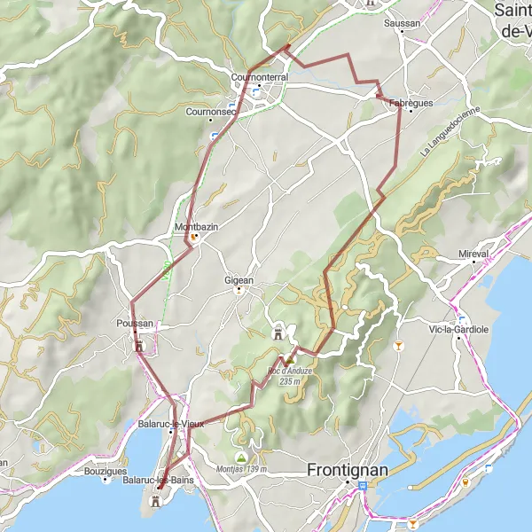 Map miniature of "Balaruc-les-Bains and Roc d'Anduze Gravel Route" cycling inspiration in Languedoc-Roussillon, France. Generated by Tarmacs.app cycling route planner