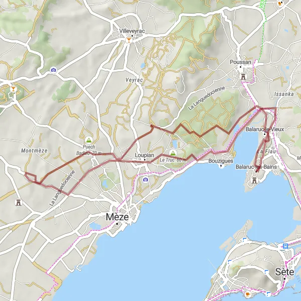 Miniature de la carte de l'inspiration cycliste "Parcours de Gravel autour de Balaruc-les-Bains" dans la Languedoc-Roussillon, France. Générée par le planificateur d'itinéraire cycliste Tarmacs.app