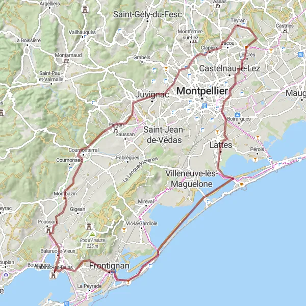 Miniature de la carte de l'inspiration cycliste "Gravel Adventure near Balaruc-les-Bains" dans la Languedoc-Roussillon, France. Générée par le planificateur d'itinéraire cycliste Tarmacs.app