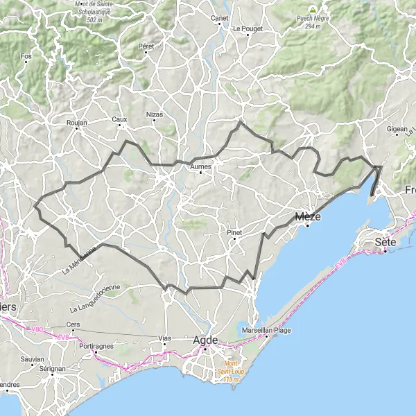 Miniature de la carte de l'inspiration cycliste "Challenging Ride to Saint-Pons-de-Mauchiens" dans la Languedoc-Roussillon, France. Générée par le planificateur d'itinéraire cycliste Tarmacs.app