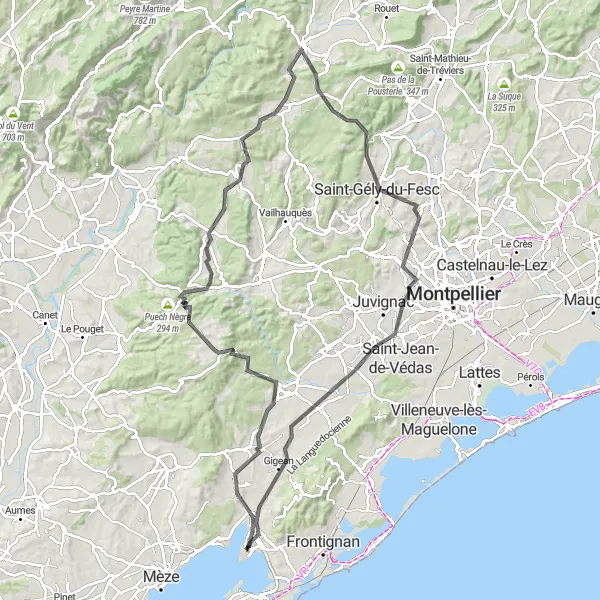 Map miniature of "Challenging Road Marathon" cycling inspiration in Languedoc-Roussillon, France. Generated by Tarmacs.app cycling route planner