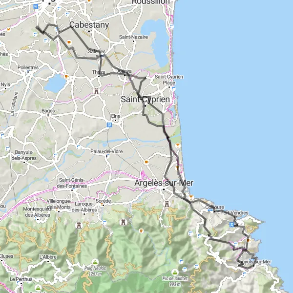 Miniature de la carte de l'inspiration cycliste "De Banyuls de la Marenda à Argelès-sur-Mer" dans la Languedoc-Roussillon, France. Générée par le planificateur d'itinéraire cycliste Tarmacs.app