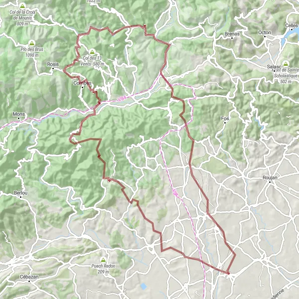 Miniature de la carte de l'inspiration cycliste "Les collines de Languedoc" dans la Languedoc-Roussillon, France. Générée par le planificateur d'itinéraire cycliste Tarmacs.app